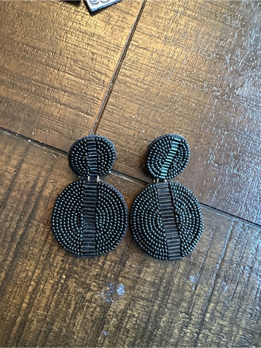 Beaded Double Circle Drop Earrings - Black